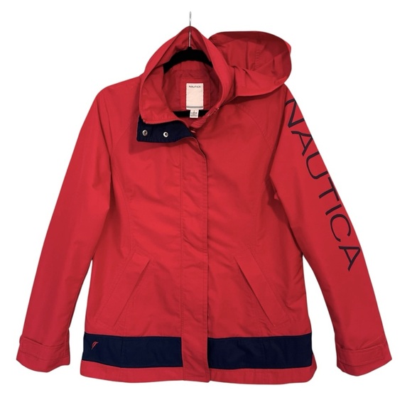Nautica J Class Red‎ Hooded Windbreaker Jacket Women’s L Logo Sleeve 2010s Y2K - Picture 1 of 15